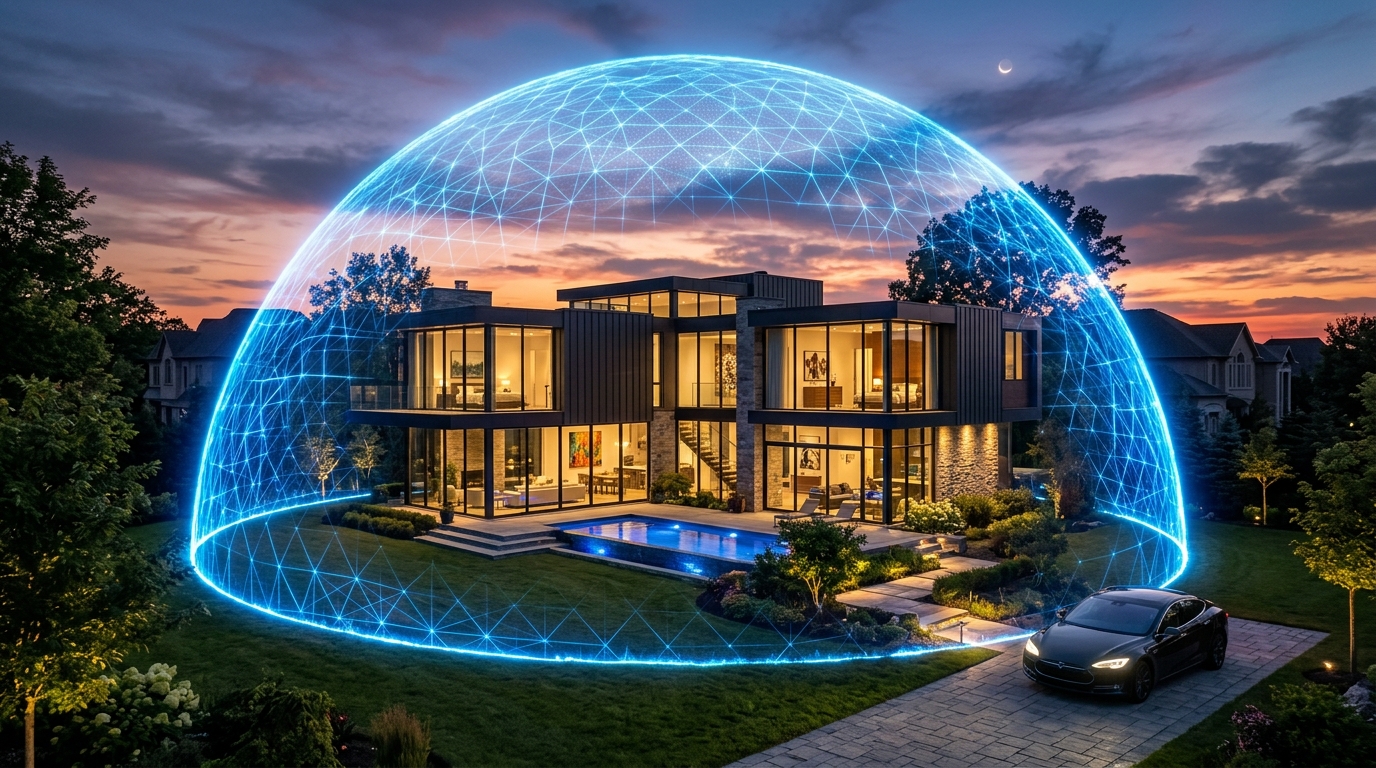 Illustration of a home under a protective security dome representing home insurance asset protection